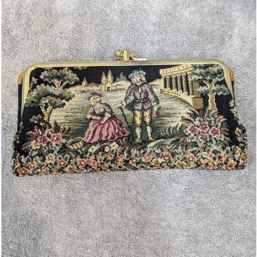 Vintage Baronet Black Leather Tapestry Wallet Kiss Lock Garden Scene Cowhide